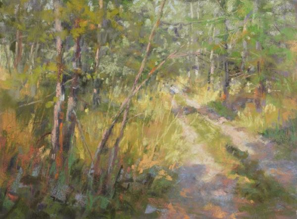 plein air soft pastel painting of a lane through the woods by Sharon Bamber