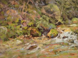 plein air soft pastel painting of a stream and its banks by Sharon Bamber