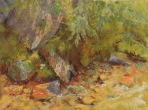 plein air soft pastel painting of a stream and its banks by Sharon Bamber