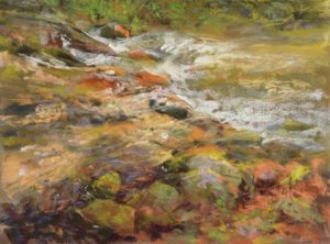 plein air soft pastel painting of a stream by Sharon Bamber