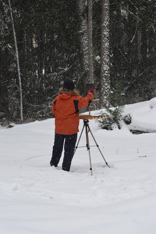 photo of Sharon Bamber, artist, trying to paint en plein air in the snow