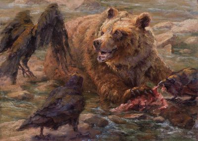 soft pastel painting of a young grizzly and ravens by Sharon Bamber