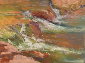 plein air soft pastel painting of stream and rocks by Sharon Bamber