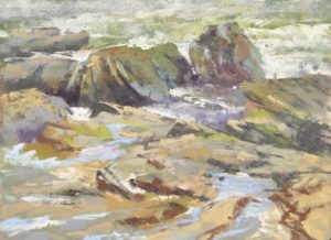 plein air soft pastel painting of coastal tide pools by Sharon Bamber