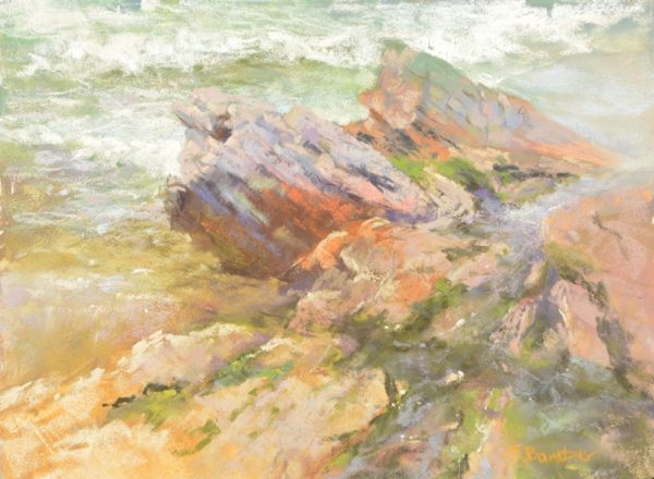 plein air soft pastel painting of rocks and tide pools by Sharon Bamber