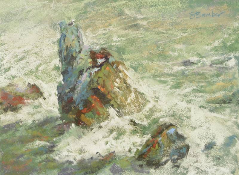 Plein air soft pastel painting of a sea stack by Sharon Bamber