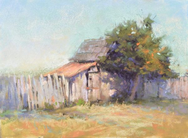 Beyond the Postcard by Sharon Bamber plein air soft pastel painting of old barn shed and tree