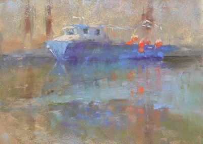 Floats and Reflections by Sharon Bamber plein air soft pastel painting of a boat