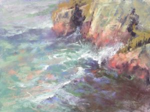 Hidden Depths by Sharon Bamber plein air soft pastel seascape painting of rocks and sea
