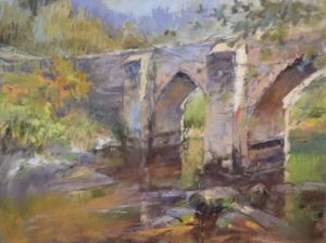 Le Pont Romain by Sharon Bamber plein air pastel painting of old stone roman bridge in France