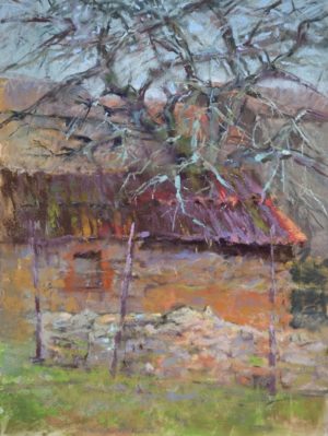 Oak and Stone by Sharon Bamber plein air soft pastel painting of old stone building and oak tree in France
