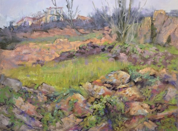 Old Stone Terraces by Sharon Bamber plein air soft pastel painting of old stone terraces in France