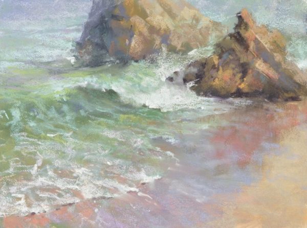 Reflection by Sharon Bamber plein air soft pastel seascape painting of rocks and sea