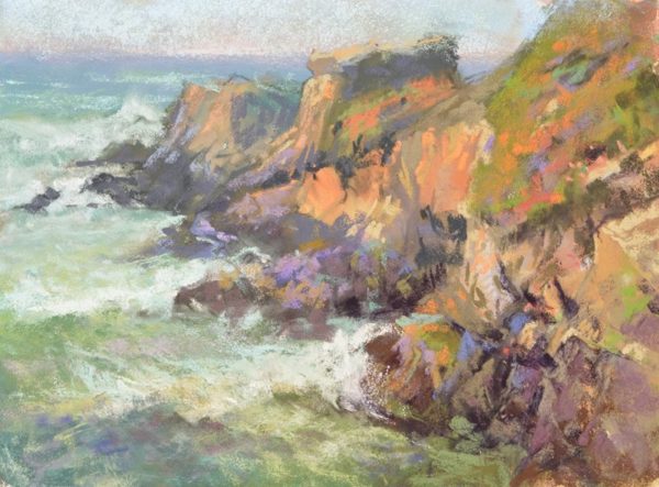 Rugged coastline plein air soft pastel seascape painting by Sharon Bamber of coastal cliffs and sea
