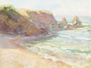 Sunshine Bay plein air soft pastel seascape painting by Sharon Bamber of coastal cliffs and sea