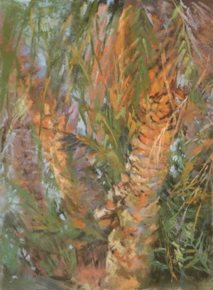 Tangle Palms by Sharon Bamber plein air soft pastel painting of palm trees