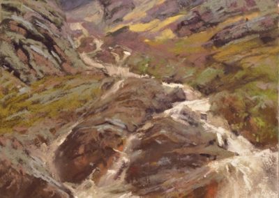 The Gathering by Sharon Bamber plein air soft pastel painting of stormy mountain stream